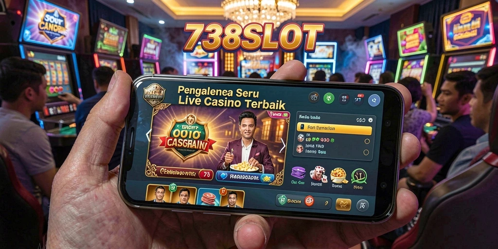 Screenshot gameplay <strong>738SLOT</strong> dengan dealer langsung dan suasana kasino yang nyata.