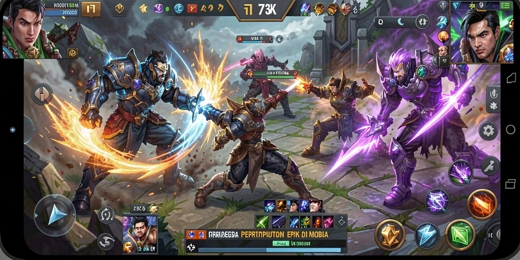 Screenshot menunjukkan pertarungan intens di arena 73K dengan karakter beragam.