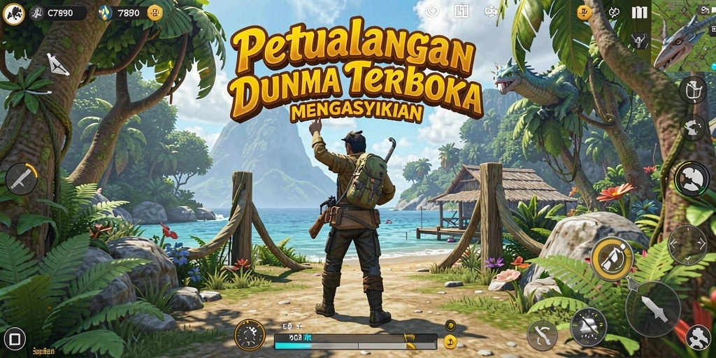 Screenshot menunjukkan karakter utama menjelajahi dunia terbuka yang kaya.