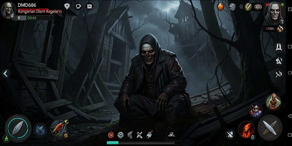 Screenshot gameplay DMD686 yang menampilkan suasana menyeramkan dan ketegangan.