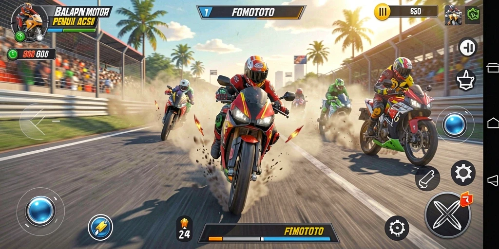 Screenshot FOMOTOTO menampilkan aksi balapan motor yang mendebarkan.