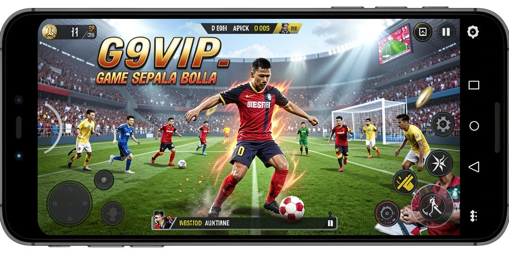 Screenshot gameplay G9VIP menampilkan aksi seru di lapangan sepak bola.