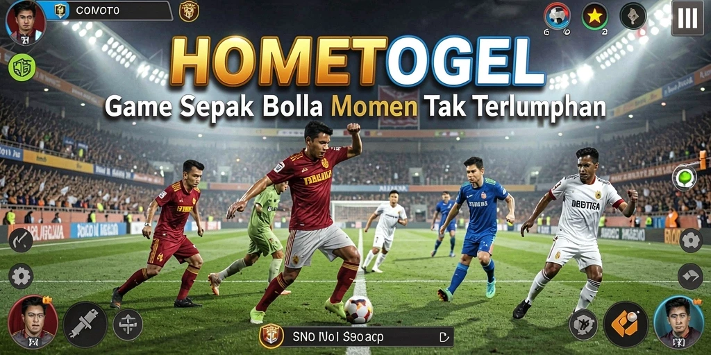 Screenshot menunjukkan aksi seru di HOMETOGEL dengan gameplay sepak bola.