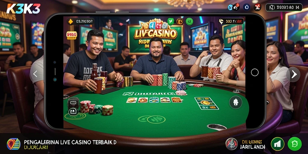 Screenshot K3K3 menampilkan dealer yang ramah dan permainan Live Casino yang mendebarkan.