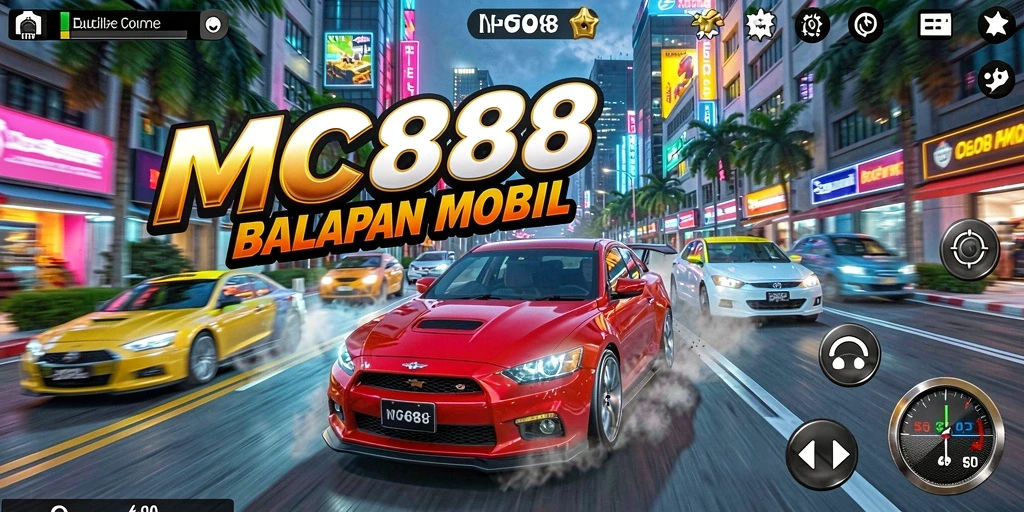 Screenshot MC888 menampilkan aksi balapan mobil yang intens.