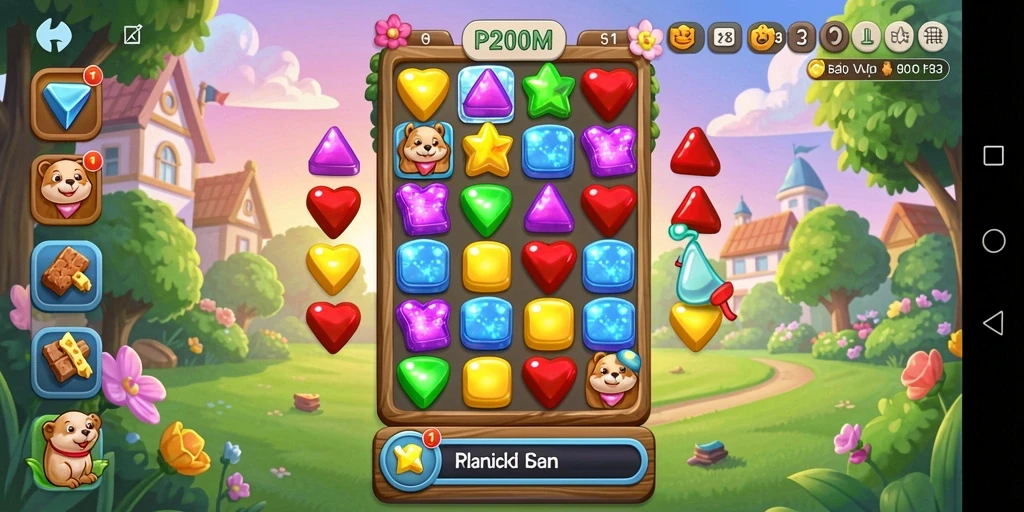 Screenshot menunjukkan gameplay seru P200M dengan warna-warna cerah.