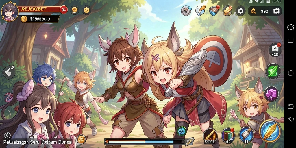 Screenshot gameplay seru dari REJEKIBET dengan karakter anime ikonik.