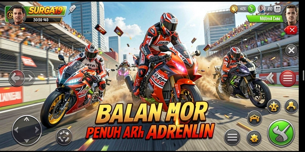Tampilan gameplay SURGA19 yang penuh aksi balapan motor.