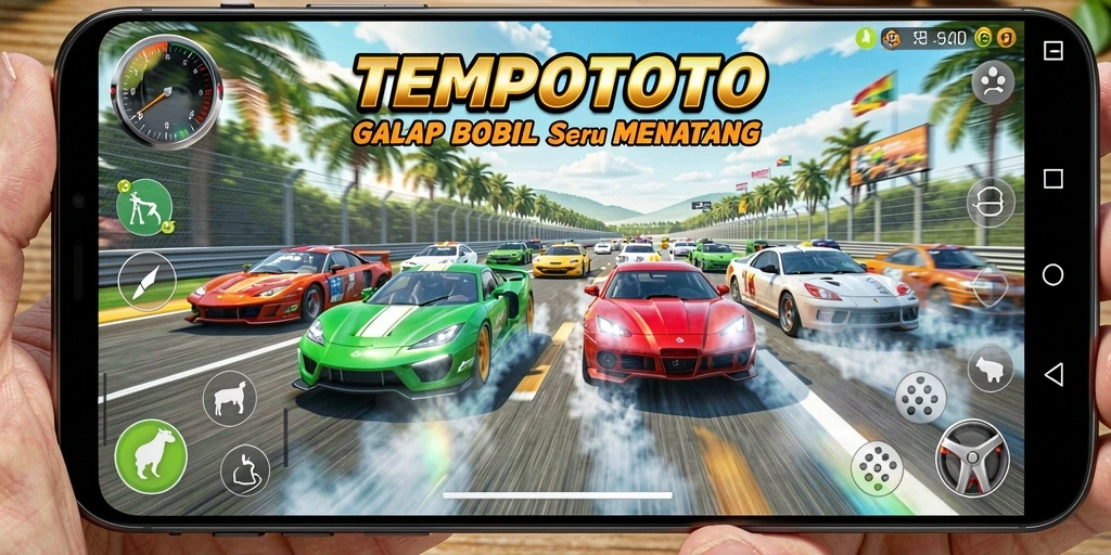 Screenshot gameplay TEMPOTOTO yang menampilkan aksi balap yang mendebarkan.