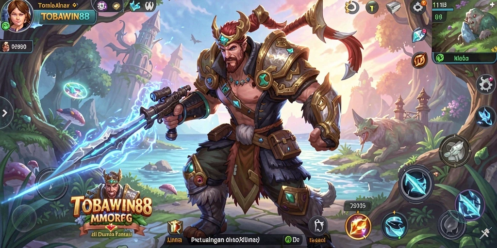 Penggambaran aksi seru dalam gameplay TOBAWIN88 yang menampilkan pertempuran epik di dunia fantasi.